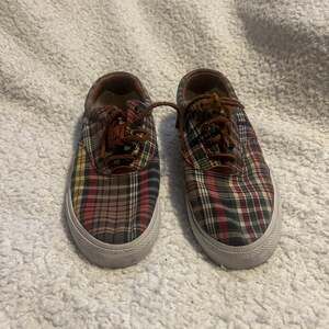 Polo Ralph Lauren Vaughn Madras Plaid Canvas & Leather Sneakers Size 8.5 Mens